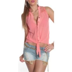 Ärmellose Chiffon Bluse Zum Binden Transparent Coral