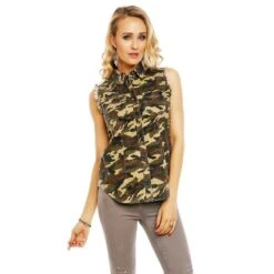 Ärmellose Damen Jeansbluse In Army-Look Camouflage/Olivgrün