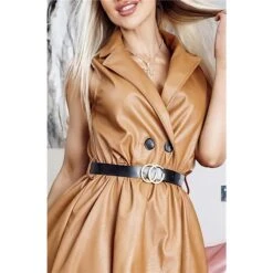 Ärmelloses Kunstleder Kleid A-Linie Mit Gürtel Camel -Look Motto Verkäufe aermelloses kunstleder kleid a linie mit guertel camel4