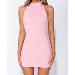 Ärmelloses Rippstrick Minikleid Mit Stehkragen Rosa -Look Motto Verkäufe aermelloses rippstrick minikleid mit stehkragen rosa3