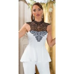 Ausgestelltes Damen Longtop Mit Häkelspitze Weiß/Schwarz