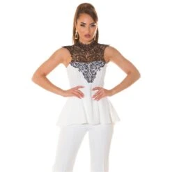 Ausgestelltes Damen Longtop Mit Häkelspitze Weiß/Schwarz -Look Motto Verkäufe ausgestelltes damen longtop mit haekelspitze weiss schwarz3