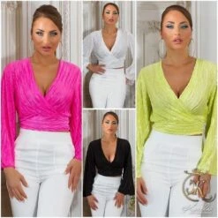 Bauchfreie Damen Langarm-Bluse In Wickel-Optik Hellgrün -Look Motto Verkäufe bauchfreie damen langarm bluse in wickel optik hellgruen9