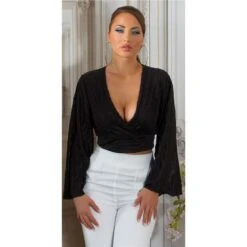 Bauchfreie Damen Langarm-Bluse In Wickel-Optik Schwarz