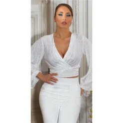 Bauchfreie Damen Langarm-Bluse In Wickel-Optik Weiß