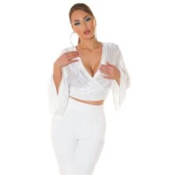 Bauchfreie Damen Langarm-Bluse In Wickel-Optik Weiß -Look Motto Verkäufe bauchfreie damen langarm bluse in wickel optik weiss4
