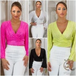 Bauchfreie Damen Langarm-Bluse In Wickel-Optik Weiß -Look Motto Verkäufe bauchfreie damen langarm bluse in wickel optik weiss9