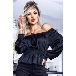 Bauchfreie Damen Langarm Satin Off-Shoulder Bluse Schwarz