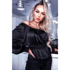 Bauchfreie Damen Langarm Satin Off-Shoulder Bluse Schwarz -Look Motto Verkäufe bauchfreie damen langarm satin off shoulder bluse schwarz3
