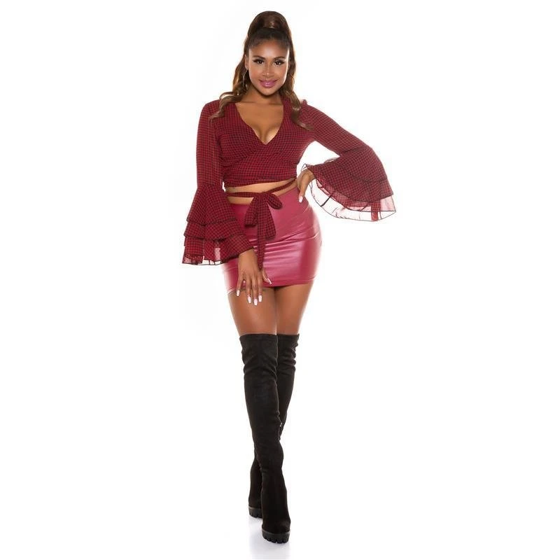 Bauchfreie Damen Wickelbluse Mit Volantärmeln Bordeaux/Schwarz 7 Bauchfreie Damen Wickelbluse Mit Volantärmeln Bordeaux/Schwarz – Bild 5