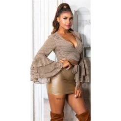 Bauchfreie Damen Wickelbluse Mit Volantärmeln Braun/Beige -Look Motto Verkäufe bauchfreie damen wickelbluse mit volantaermeln braun beige4