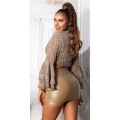 Bauchfreie Damen Wickelbluse Mit Volantärmeln Braun/Beige -Look Motto Verkäufe bauchfreie damen wickelbluse mit volantaermeln braun beige5