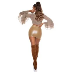 Bauchfreie Damen Wickelbluse Mit Volantärmeln Braun/Beige -Look Motto Verkäufe bauchfreie damen wickelbluse mit volantaermeln braun beige6