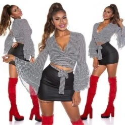 Bauchfreie Damen Wickelbluse Mit Volantärmeln Schwarz/Weiß