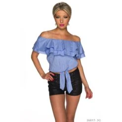 Bauchfreies Carmen-Top In Latina-Style Zum Binden/Knoten Blau