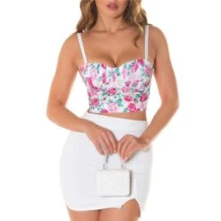 Bauchfreies Damen Corsagen-Top Mit Blumenmuster Weiß
