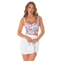 Bauchfreies Damen Corsagen-Top Mit Blumenmuster Weiß -Look Motto Verkäufe bauchfreies damen corsagen top mit blumenmuster weiss5