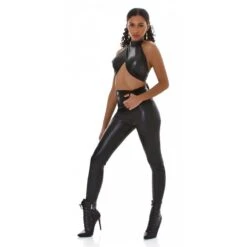 Bauchfreies Damen Neckholder-Wickeltop Aus Lederimitat Schwarz -Look Motto Verkäufe bauchfreies damen neckholder wickeltop aus lederimitat schwarz3