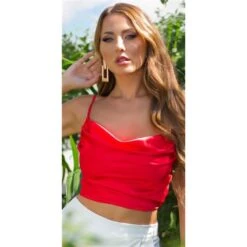 Bauchfreies Damen Satin Träger-Top Wasserfall Rot -Look Motto Verkäufe bauchfreies damen satin traeger top wasserfall rot5