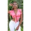 Bauchfreies Damen Satin Wickel-Top Mit Rüschen Coral 1 Bauchfreies Damen Satin Wickel-Top Mit Rüschen Coral -Look Motto Verkäufe bauchfreies damen satin wickel top mit rueschen coral