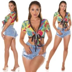 Bauchfreies Damen Sommer Wickeltop Mit Fantasy-Print Gelb -Look Motto Verkäufe bauchfreies damen sommer wickeltop mit fantasy print gelb5