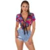 Bauchfreies Damen Sommer Wickeltop Mit Fantasy-Print Schwarz 2 Bauchfreies Damen Sommer Wickeltop Mit Fantasy-Print Schwarz -Look Motto Verkäufe bauchfreies damen sommer wickeltop mit fantasy print schwarz