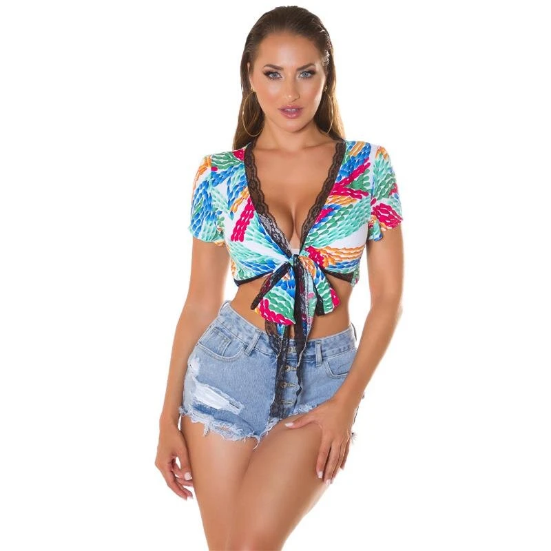 Bauchfreies Damen Sommer Wickeltop Mit Fantasy-Print Weiß 3 Bauchfreies Damen Sommer Wickeltop Mit Fantasy-Print Weiß