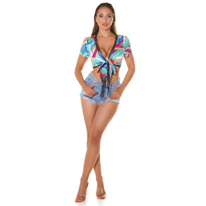 Bauchfreies Damen Sommer Wickeltop Mit Fantasy-Print Weiß 5 Bauchfreies Damen Sommer Wickeltop Mit Fantasy-Print Weiß – Bild 3
