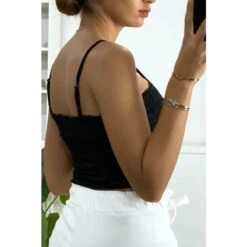 Bauchfreies Damen Spaghettiträger-Top Aus Spitze Schwarz -Look Motto Verkäufe bauchfreies damen spaghettitraeger top aus spitze schwarz 12