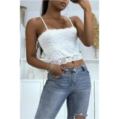 Bauchfreies Damen Spaghettiträger-Top Aus Spitze Weiß