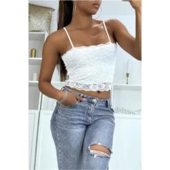 Bauchfreies Damen Spaghettiträger-Top Aus Spitze Weiß -Look Motto Verkäufe bauchfreies damen spaghettitraeger top aus spitze weiss3