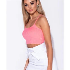 Bauchfreies Damen Spaghettiträger-Top Rippstrick Neon Pink