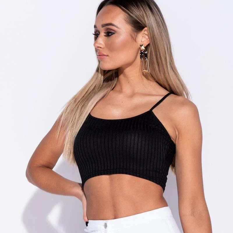 Bauchfreies Damen Spaghettiträger-Top Rippstrick Schwarz 3 Bauchfreies Damen Spaghettiträger-Top Rippstrick Schwarz