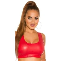 Bauchfreies Damen Tanktop In Leder-Look Gogo Clubwear Rot