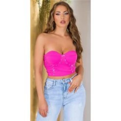 Bauchfreies Damen Träger Bustier-Top Mit Strasssteinen Pink -Look Motto Verkäufe bauchfreies damen traeger bustier top mit strasssteinen pink5