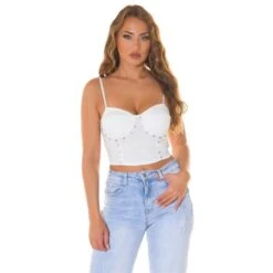 Bauchfreies Damen Träger Bustier-Top Mit Strasssteinen Weiß
