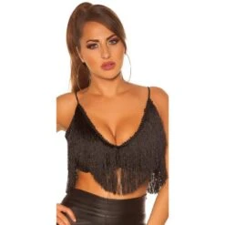 Bauchfreies Damen Träger-Top Mit Fransen Schwarz