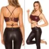 Bauchfreies Wetlook Damen Träger-Top Mit Schnürung Bordeaux -Look Motto Verkäufe bauchfreies wetlook damen traeger top mit schnuerung bordeaux