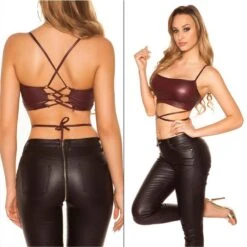 Bauchfreies Wetlook Damen Träger-Top Mit Schnürung Bordeaux