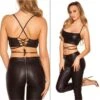 Bauchfreies Wetlook Damen Träger-Top Mit Schnürung Schwarz -Look Motto Verkäufe bauchfreies wetlook damen traeger top mit schnuerung schwarz