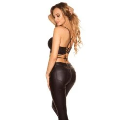 Bauchfreies Wetlook Damen Träger-Top Mit Schnürung Schwarz -Look Motto Verkäufe bauchfreies wetlook damen traeger top mit schnuerung schwarz5