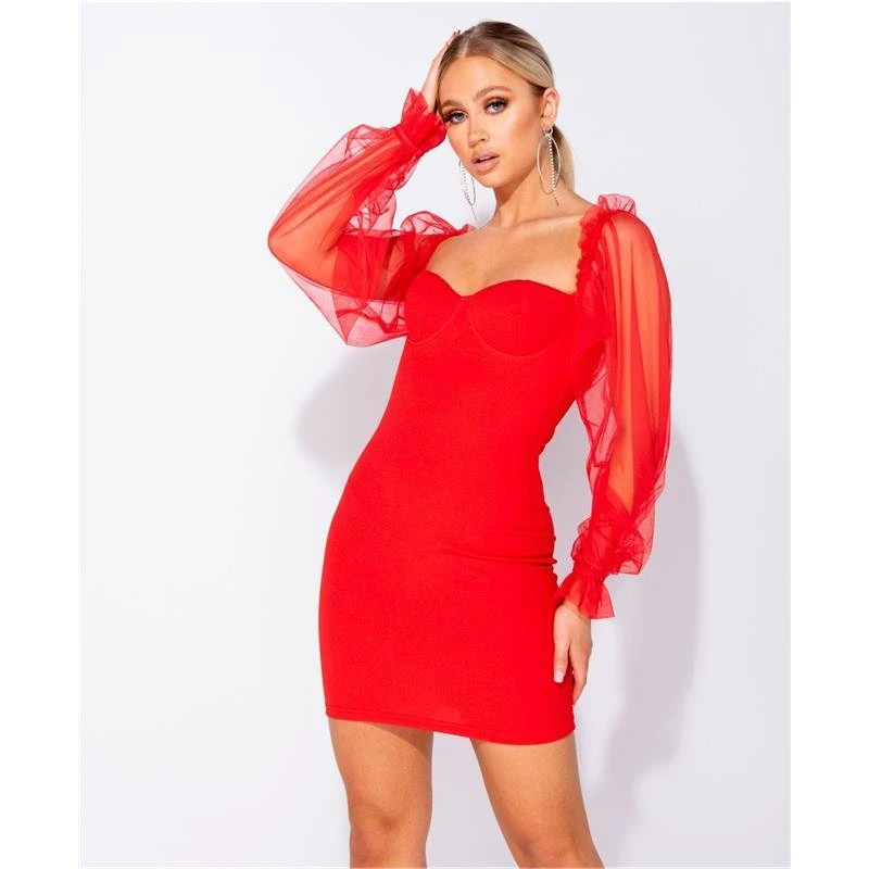 Bodycon Minikleid Mit Cups Und Chiffon Ärmel Rot 3 Bodycon Minikleid Mit Cups Und Chiffon Ärmel Rot