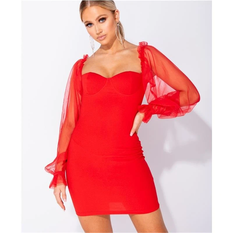 Bodycon Minikleid Mit Cups Und Chiffon Ärmel Rot 4 Bodycon Minikleid Mit Cups Und Chiffon Ärmel Rot – Bild 2