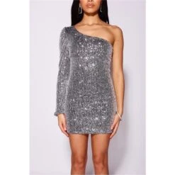 Bodycon One-Shoulder Pailletten-Kleid Party Silber -Look Motto Verkäufe bodycon one shoulder pailletten kleid party silber4