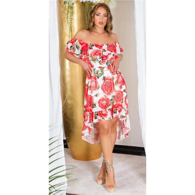 Damen Carmen-Kleid Mit Blumenmuster Inkl. Gürtel Rot 3 Damen Carmen-Kleid Mit Blumenmuster Inkl. Gürtel Rot