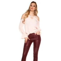 Damen Cold-Shoulder Chiffon Bluse Mit Volantärmeln Aprikot -Look Motto Verkäufe damen cold shoulder chiffon bluse mit volantaermeln aprikot2