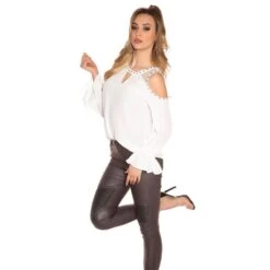 Damen Cold-Shoulder Chiffon Bluse Mit Volantärmeln Weiß -Look Motto Verkäufe damen cold shoulder chiffon bluse mit volantaermeln weiss5