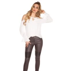 Damen Cold-Shoulder Chiffon Bluse Mit Volantärmeln Weiß -Look Motto Verkäufe damen cold shoulder chiffon bluse mit volantaermeln weiss7