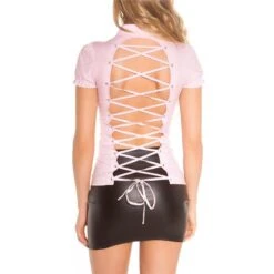 Damen Kurzarm Bluse Mit Schnürung Am Rücken Rosa -Look Motto Verkäufe damen kurzarm bluse mit schnuerung am ruecken rosa3