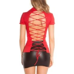 Damen Kurzarm Bluse Mit Schnürung Am Rücken Rot -Look Motto Verkäufe damen kurzarm bluse mit schnuerung am ruecken rot3